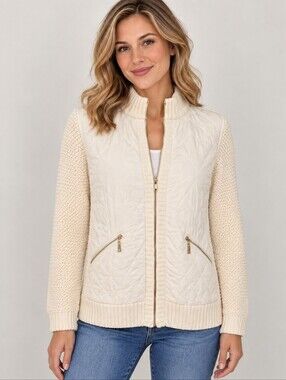 Oliver Cream Quilted Knit Crochet Sweater Zipper Coatigan Size Medium